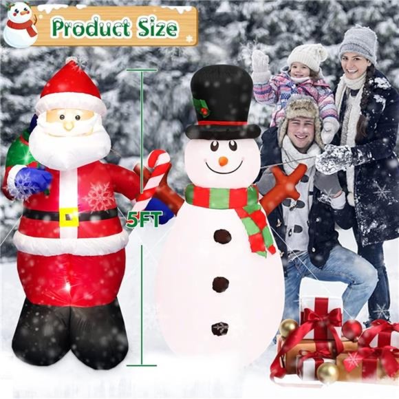 5 FT Set of 2 Christmas Inflatable Snowman and Santa Claus with Lights - Picture 3 of 6